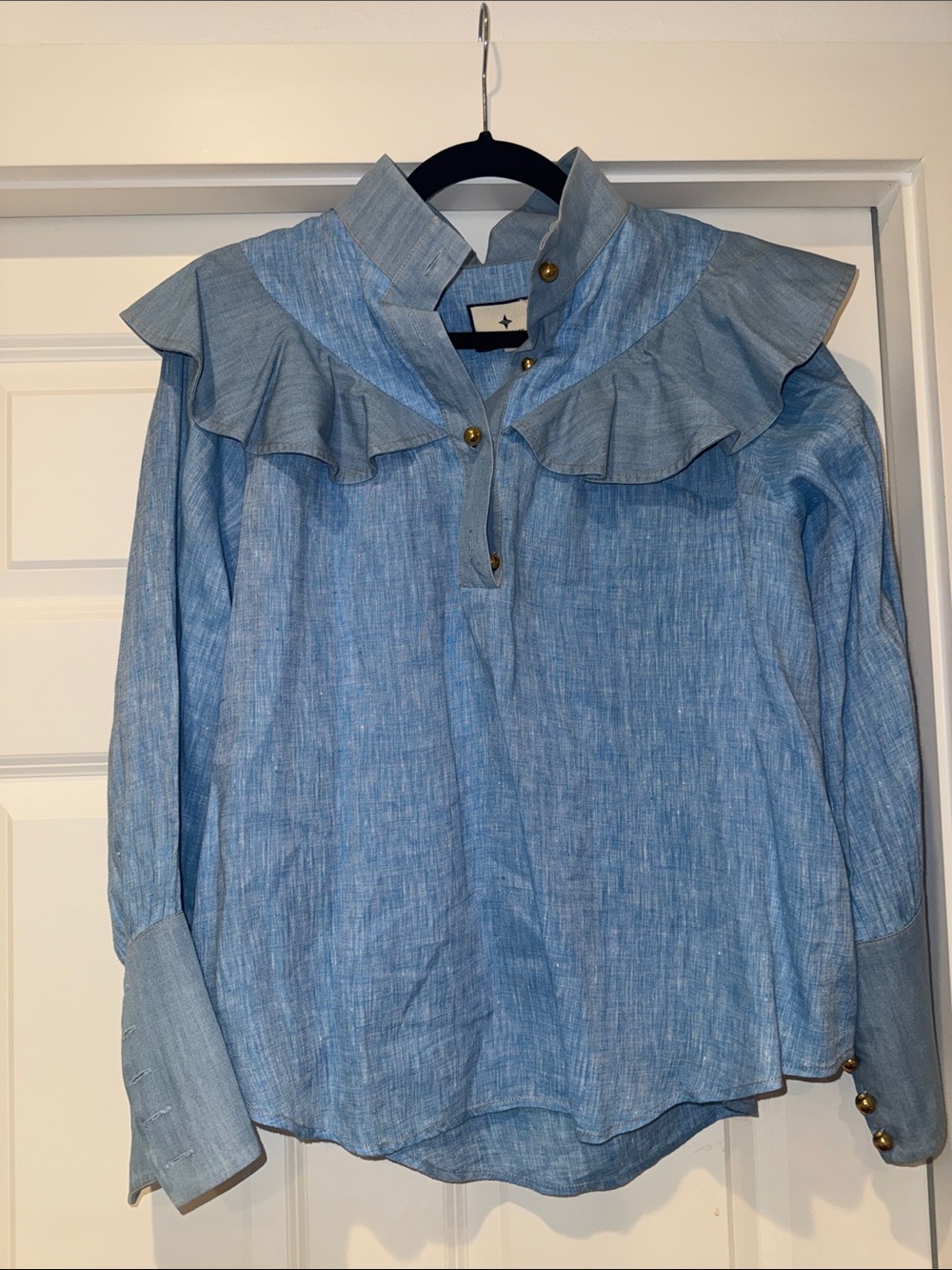Tuckernuck Light Blue Ruffle-Yoke Button Popover Blouse